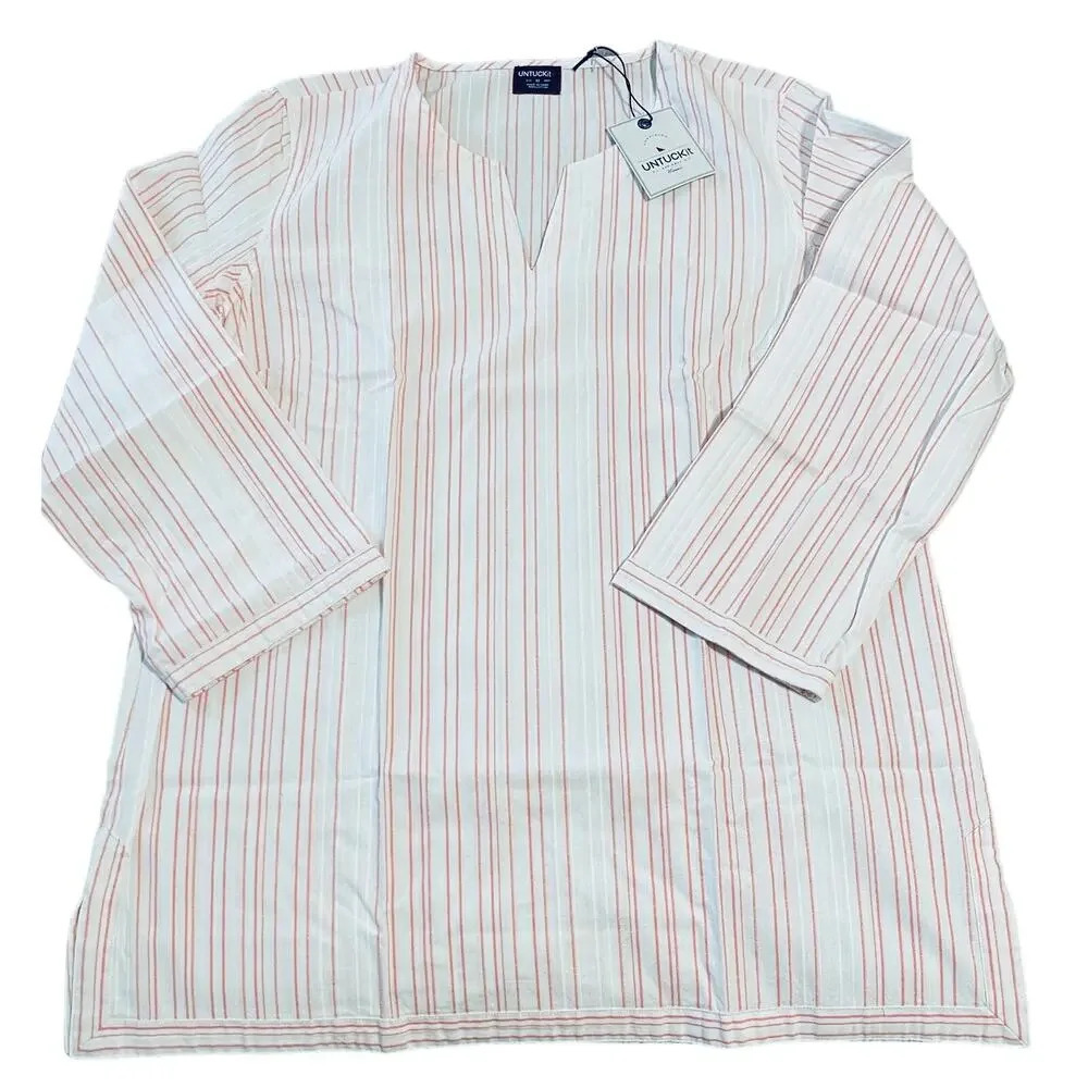 NWT UNTUCKIT Durfort Top White Pink Striped Tunic Blouse Cotton V-Neck - Picture 1 of 7